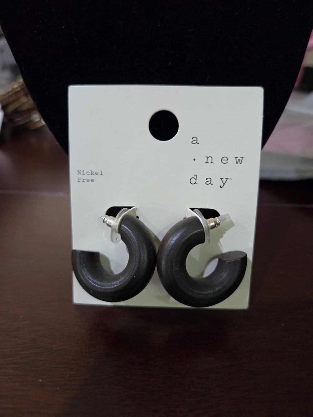 a new day Matte Brown Chunky Wood C-Shape Hoop Earrings NEW